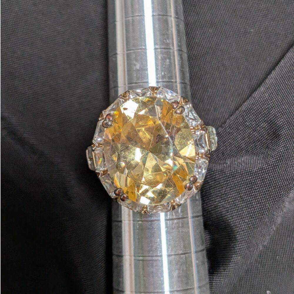 Statement Cocktail Ring Adjustable Size 6.25 8 Yellow Crystal Rhinestone READ